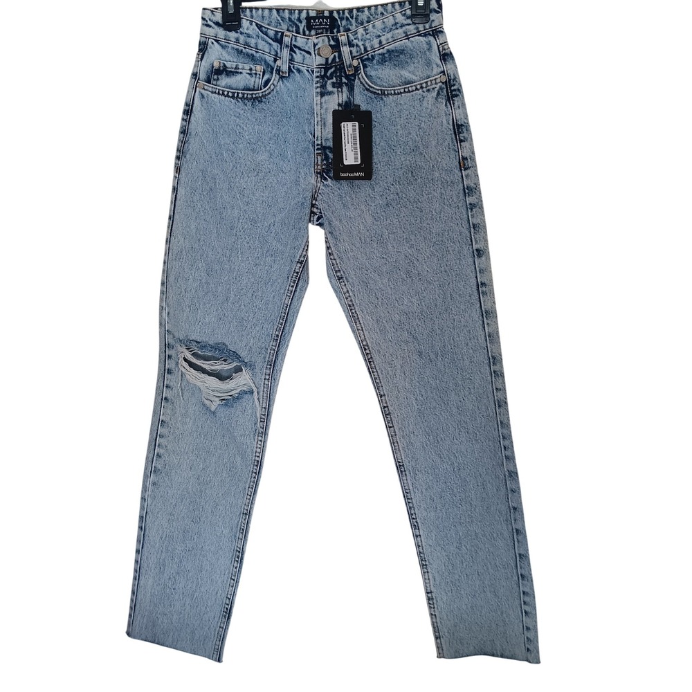 boohooMAN Straight Leg Jeans Women 28R Ice Blue Exploded Knee Frayed Hem ACZ-OCT